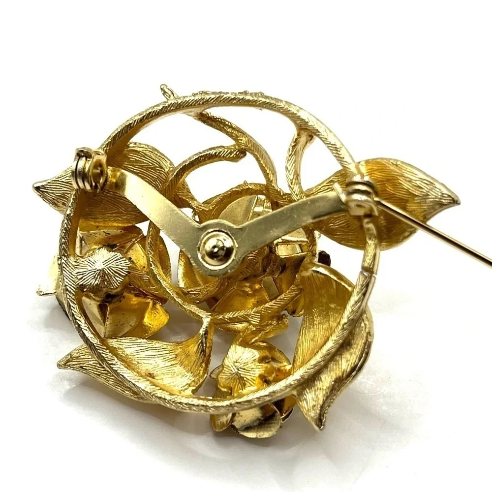 Vintage Brooches Roses Leaf Acorn Ribbon Pin Gold Tone Pins 3 VTG